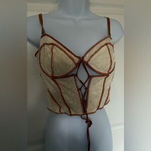 Urban Outfitters Cream and Brown Lace-Up Bustier